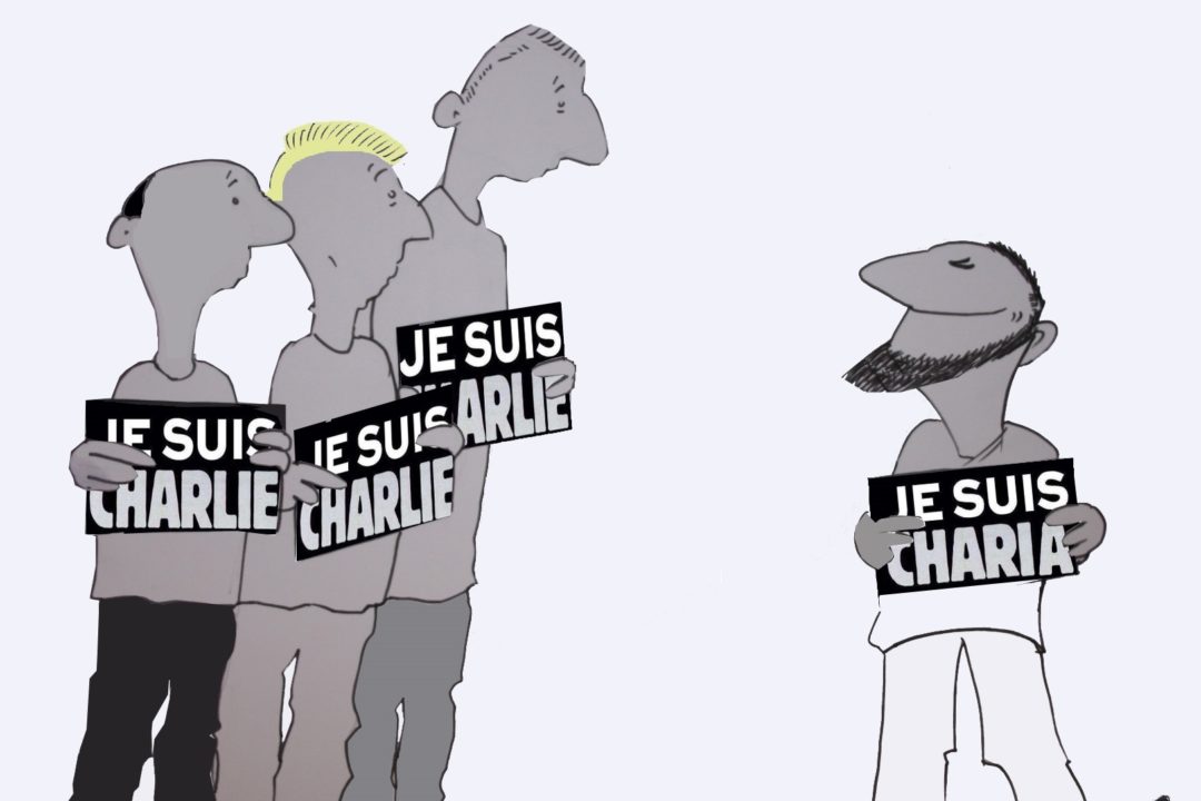 ce dessin montre un personnage portant une pancarte "Je suis charia", face à trois autres "Je suis Charlie".