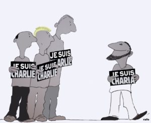 ce dessin montre un personnage portant une pancarte "Je suis charia", face à trois autres "Je suis Charlie".